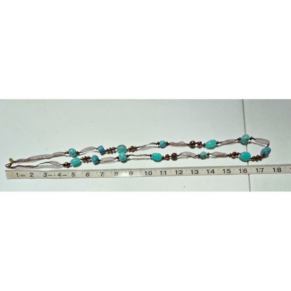 Boho Beaded Ribbon Necklace Blue Brown Beads Southwest Fashion Jewelry Women - Picture 4 of 5